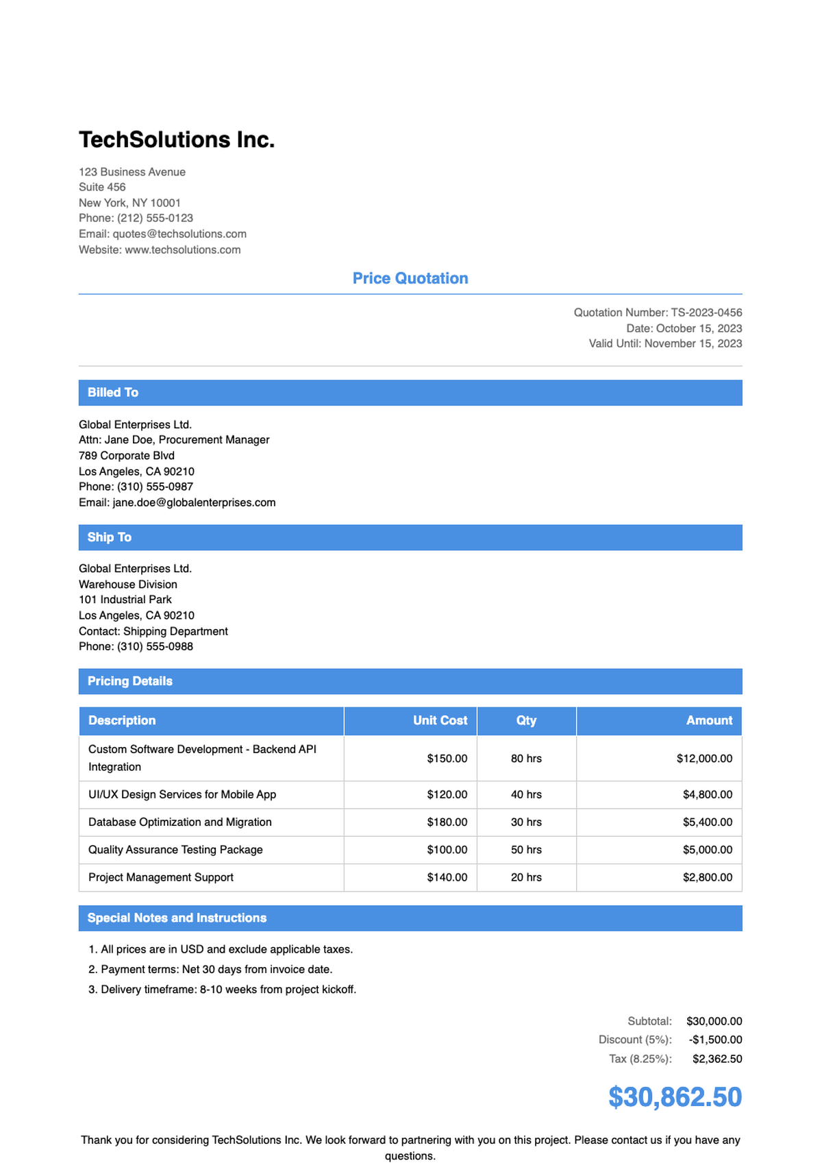 Professional business quotation template with blue accents and Wise branding_variant_3